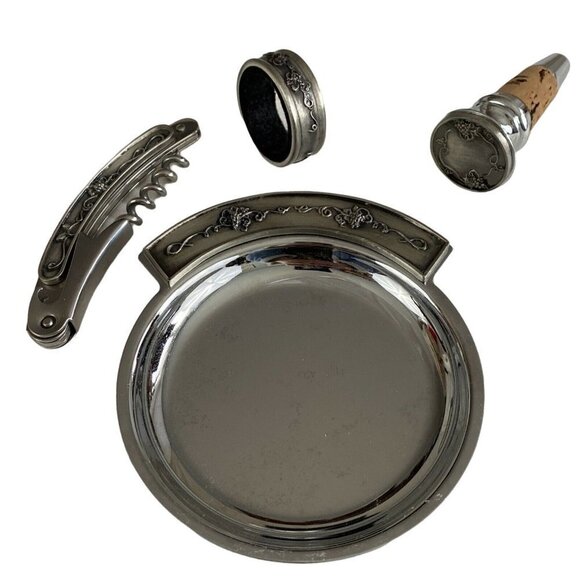 Wine Bar Set in Wood Box Grape Vine Pattern Tray, Corkscrew, Stopper & Neck Ring - Picture 2 of 12